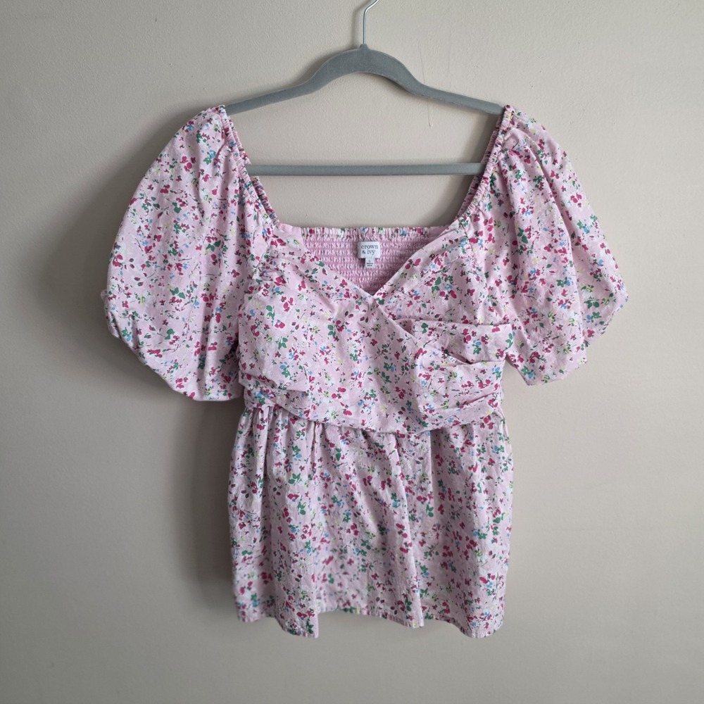 Crown &‎ Ivy Pink Floral Puff Sleeve Smocked Back Peplum Top Large Cotton